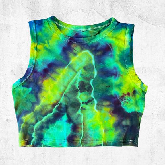 Women's Tie Dyed Tank Crop - Ice Dye Geode Handmade - Green Geode (Large) - Picture 3 of 11